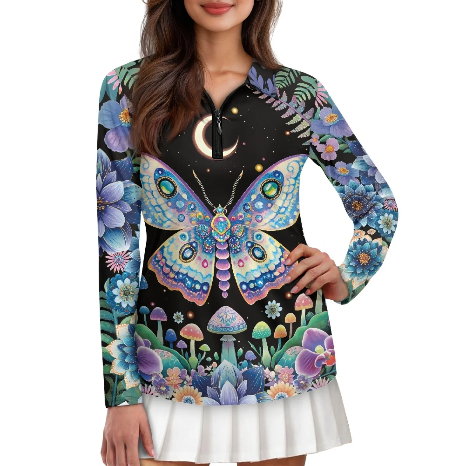 PENSTROLL Butterfly Mushroom Womens Breathable Activewear Stretchy Ladies Golf Polo Shirts for Fall
