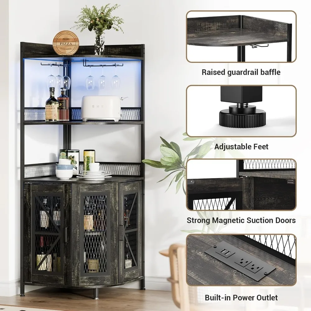 خزائن بار زاوية حديثة مع مخرج طاقة، خزانة مشروبات من 5 طبقات مع ضوء LED وحامل زجاجي، خزائن مشروبات منزلية طويلة 64 بوصة
