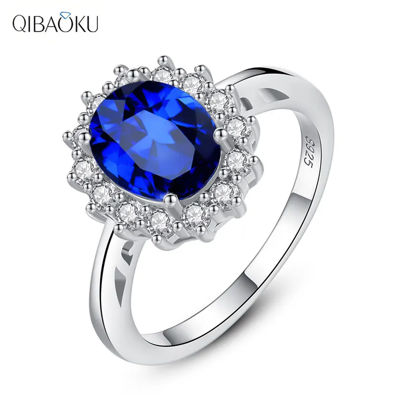 

QIBAOKU S925 Sterling Silver Ring for Women Sapphire Princess Diana Rings Luxury Oval Flower Engagement Wedding Jewelry