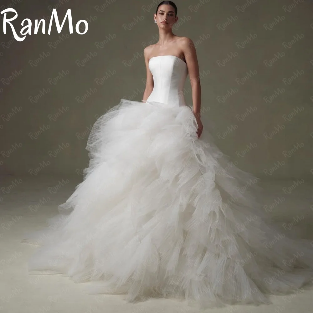 

Ranmo Customized Strapless Corset Satin Bodice Tiered Ruffled Tulle Skirt Gown Open Back Lace Up Long Train Elegant Luxurious