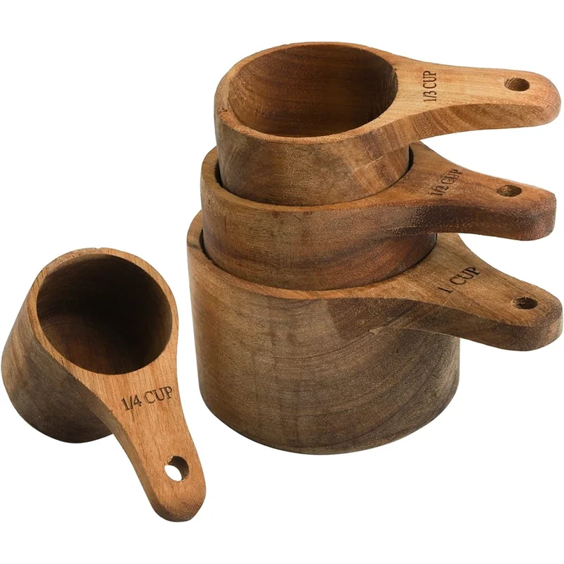 

ABUI-Wooden Kitchen Measure Tool Set Of 4 Wood Stackable Measuring Cups With Handle For Baking And Cooking 4 Sizes