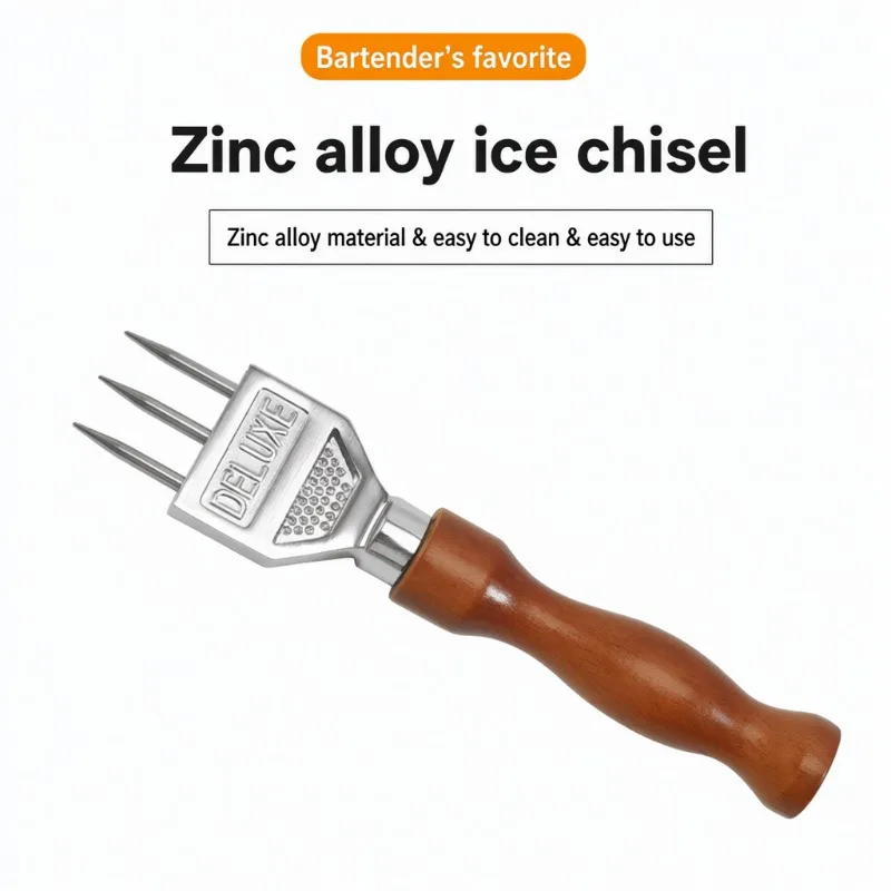 Trident Ice Chisel Stainless Three Prong Spike Wood Handheld Breaker for Whiskey Ice Ball Craft Cocktail Barman Beverage Shaping