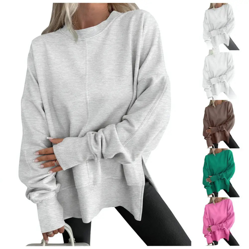 Ladies Fashion Fleece Sweatshirt Loose Crew Neck Batwing Long Sleeve Side Split Pullover Soft Casual Chic Warm Tops
