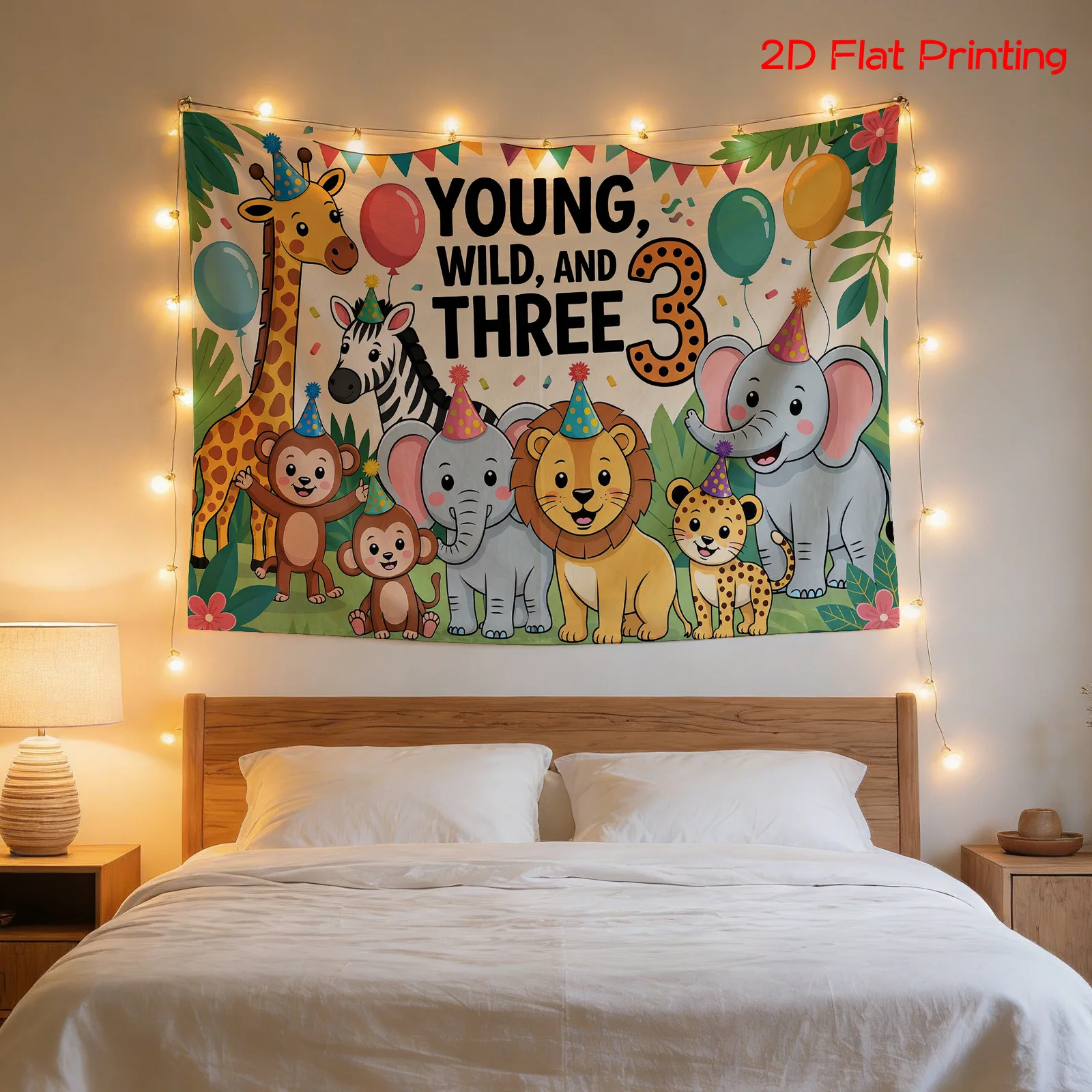 Wild Jungle Safari Animals Nursery Tapestry Decor for Kids Room Boho Kids Wall Art Young and Three 180x320cm