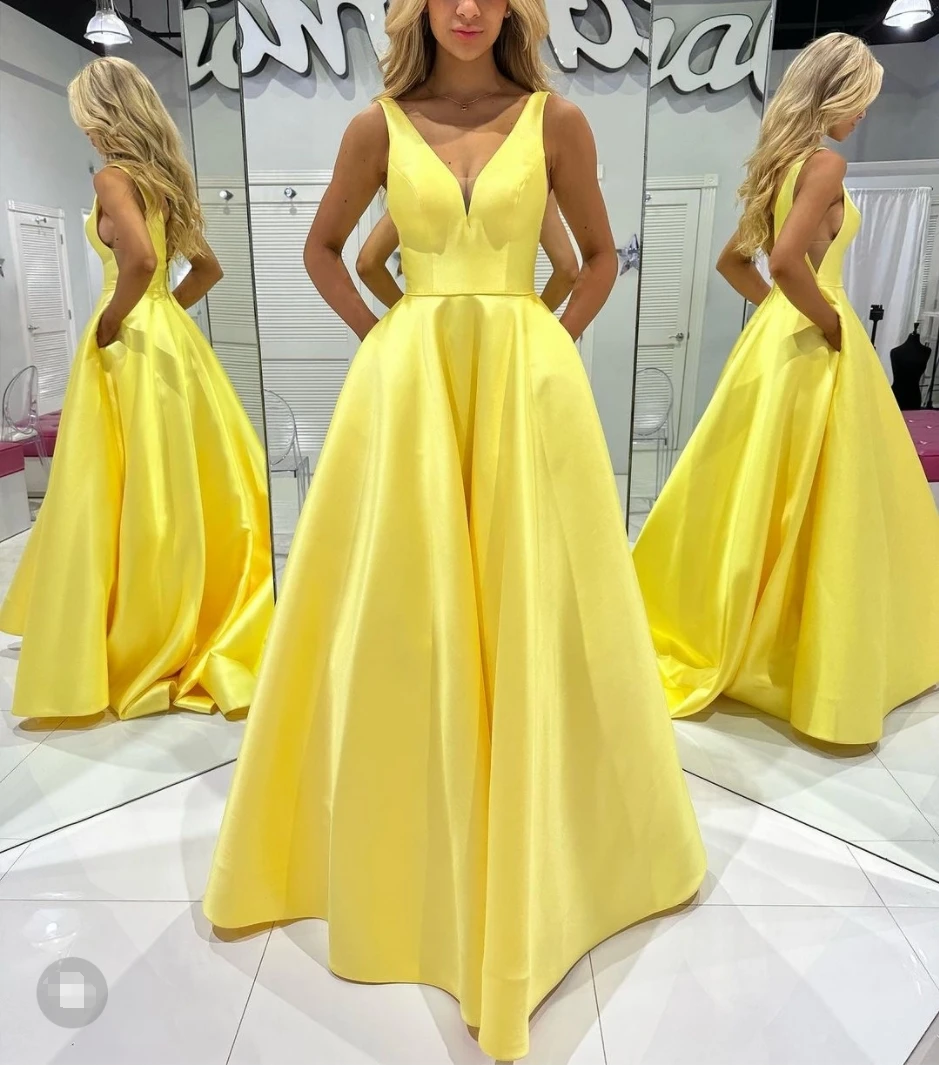 

A Line Double V Neck Formal Evening Dress Backless Prom Dresses Party Wear Dress with Slit vestidos de noche فساتين السهرة