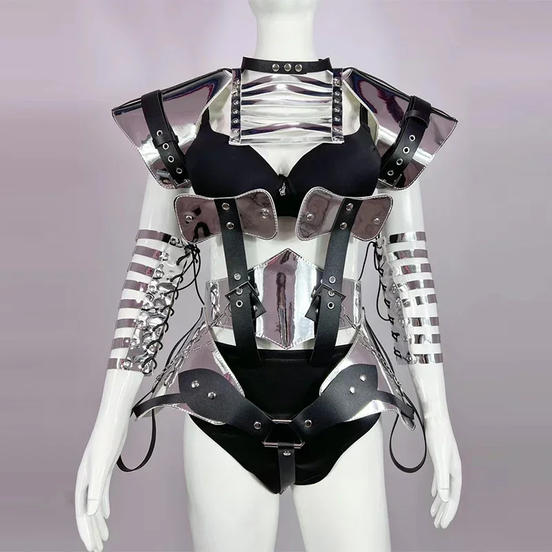 Kombinezon ze sztucznej skóry w kolorze złotym, stylizowany na futurystyczną zbroję, kostium sceniczny dla piosenkarza, tancerza, na karnawał, rave, odzież klubowa, strój dla tancerki VDB6154