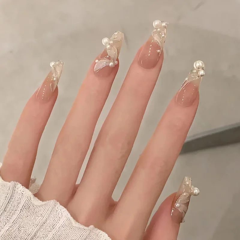 24Pcs Mid-length Ballet Fake Nails Press on Shiny Powder Stripe French False Nails Full Cover Rhinestone Wearable Manicure Tips
