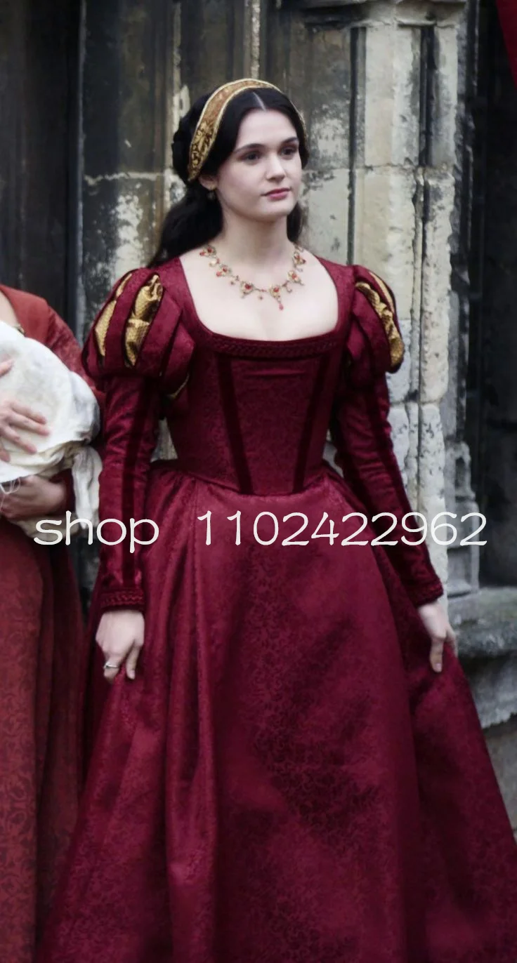 Burgubdy Puffy Long Sleeve Evening Dresses Tudor Elizabethan Costume History Lace-up Renaissance Prom Gown Halloween