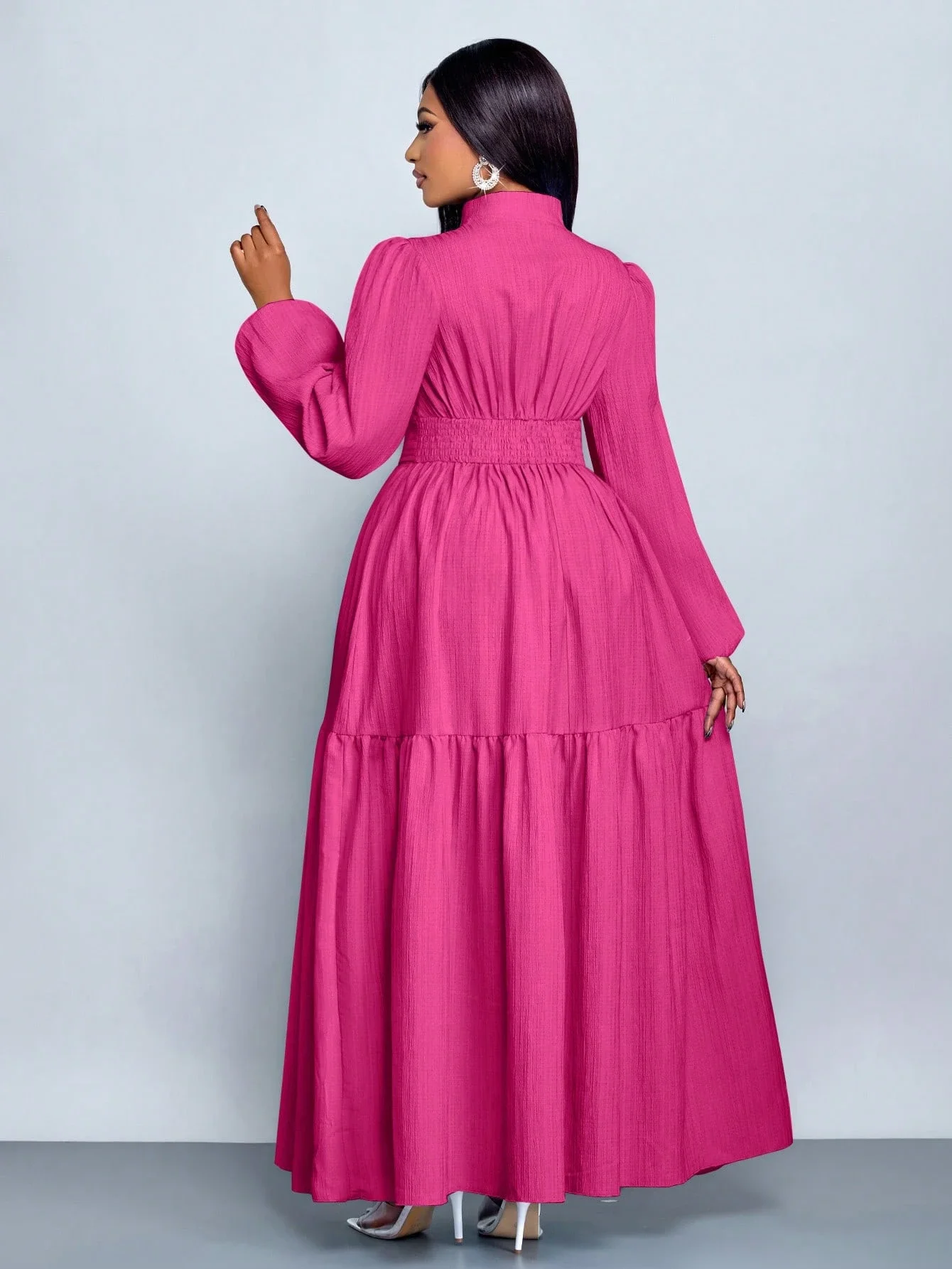 

Rose Pink Plus Size Solid Long Sleeve Stand Collar Belted A-Line Maxi Dress Casual Elegant
