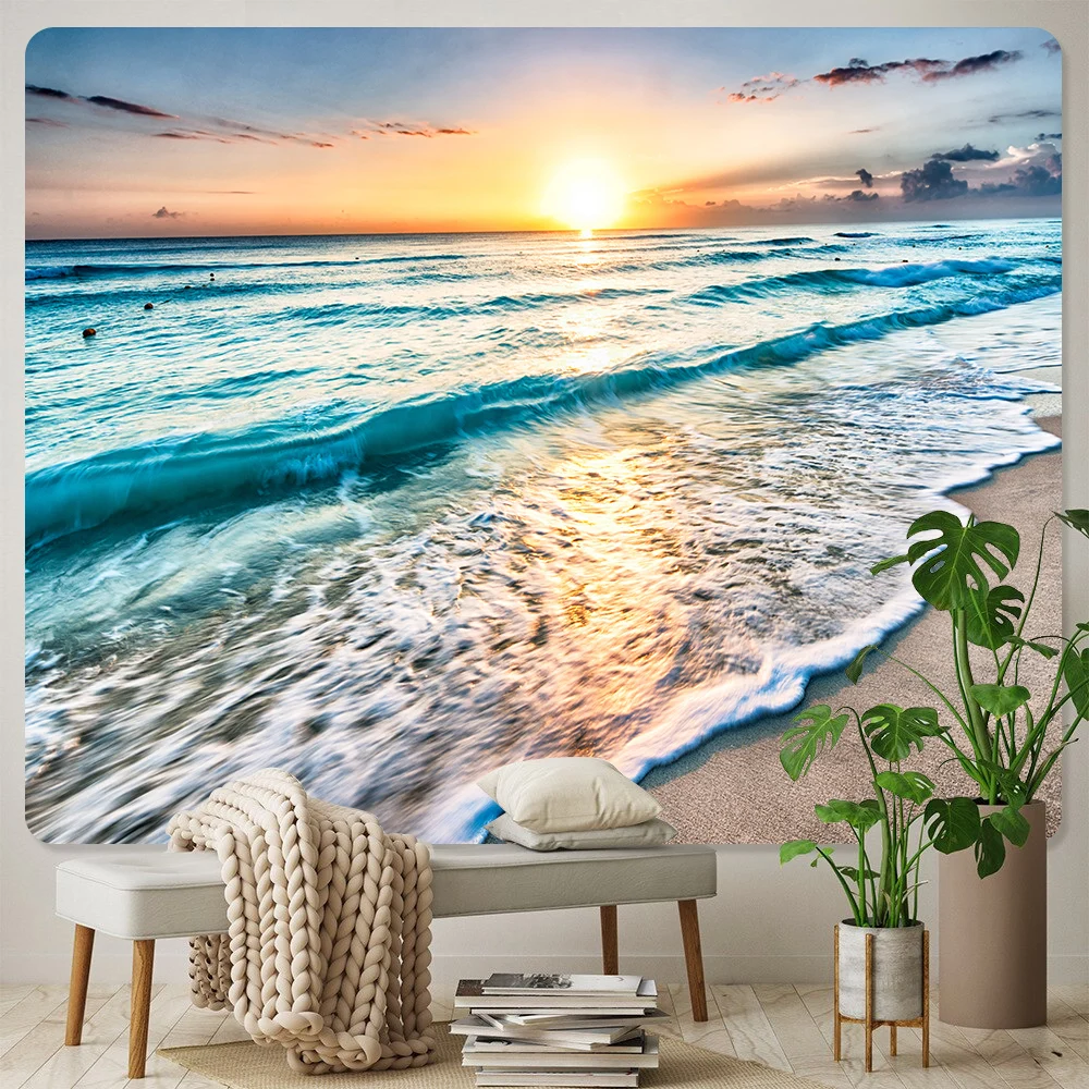 Home Decor Seaside Sunrise Art Print Tapestry Hippie Boho Psychedelic Scene Wall   For Bedroom Living Room tapiz