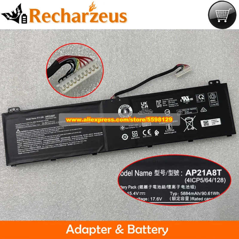 Genuine 15.4V 5716mAh 90.61WhAP21A8T Battery For Acer Predator Helios Neo 16 N22Q22 300 PH317-56 PH317 PH315-55 Nitro 5 AN517-55