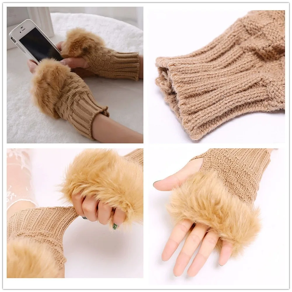 1pair Women Autumn Winter Keep Warm Plush Knitted Splicing Half Finger Gloves Cute Lovely Sweety Smooth Soft Writing Drive
