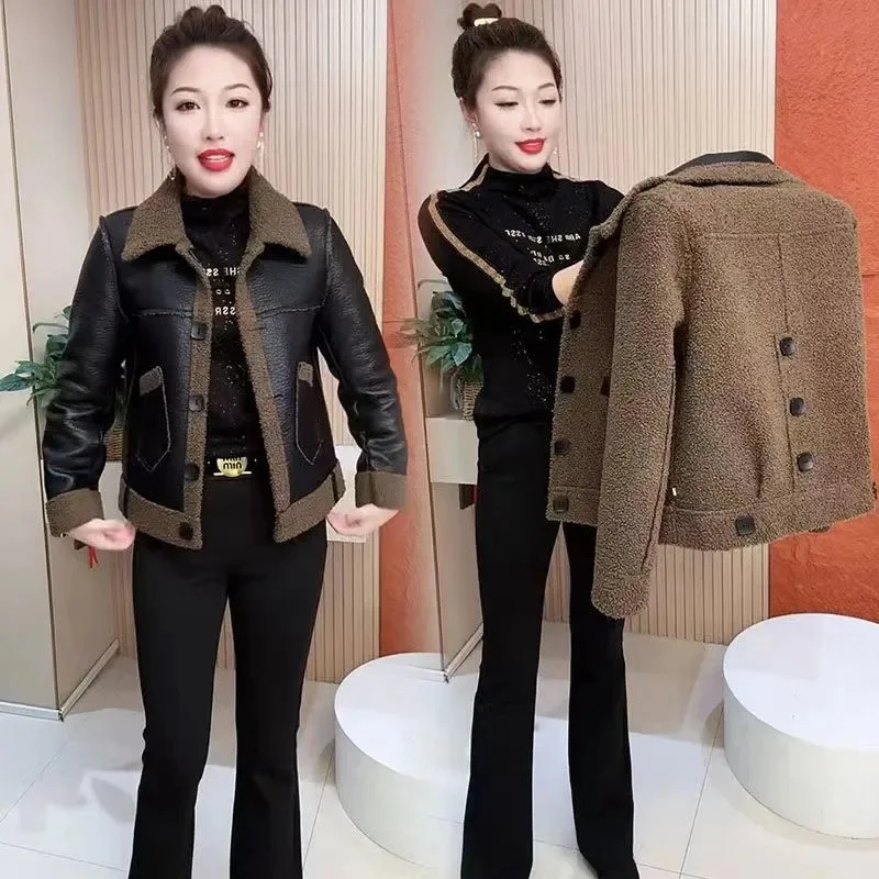 

2025 Female Large Size 4XL Leather Coat Korean Women Patchwork Double Sided Wear Faux Leather Jacket Winter Add Velvet PU Jacket