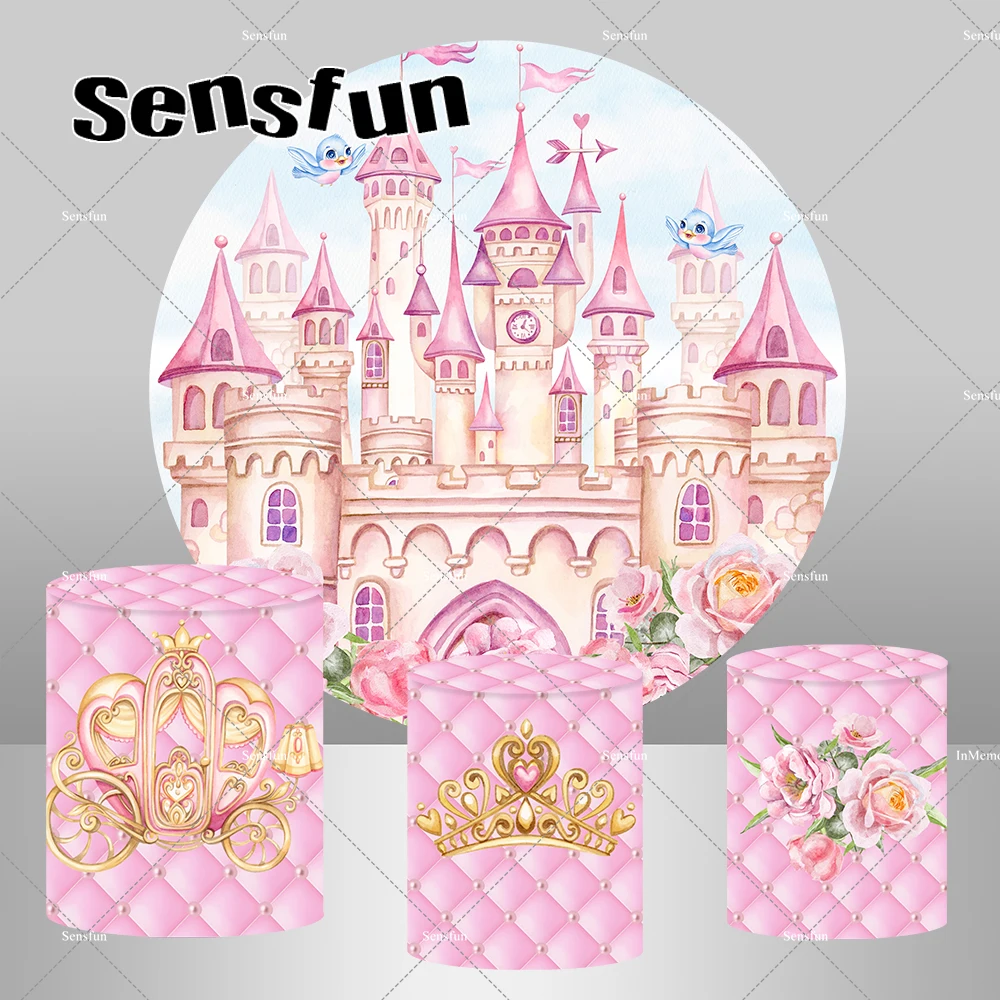 Розовый замок принцесса девочка детский день рождения Фотофон для новорожденных круглый розовый изголовье Золотая Корона карета плинтус чехлы Розовый замок принцесса девочка детский день рождения Фотофон для новорожденных круглый розовый изголовье Золотая Корона карета плинтус чехлы