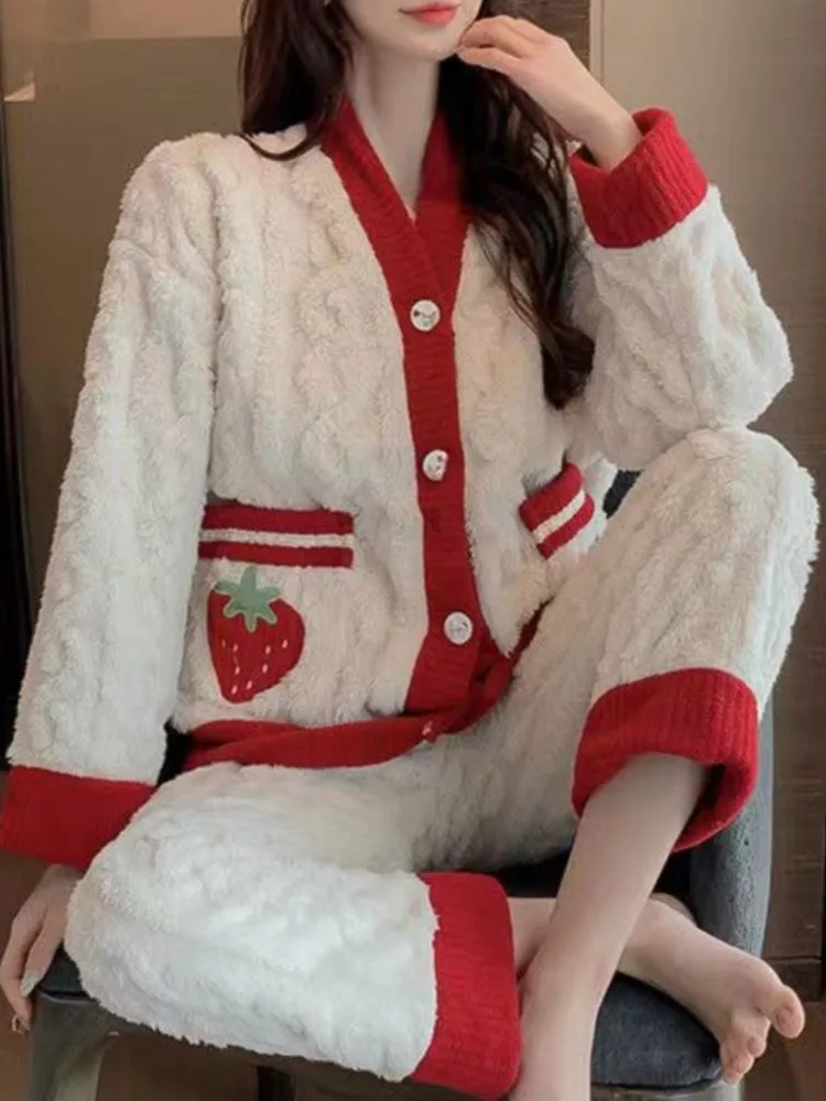 Woman's Fruit Print Pajamas Two-piece Set Fashion V-neck Single-row Buckle Top Pant Nighty Suit Autumn Winter Lady Warm Homewear