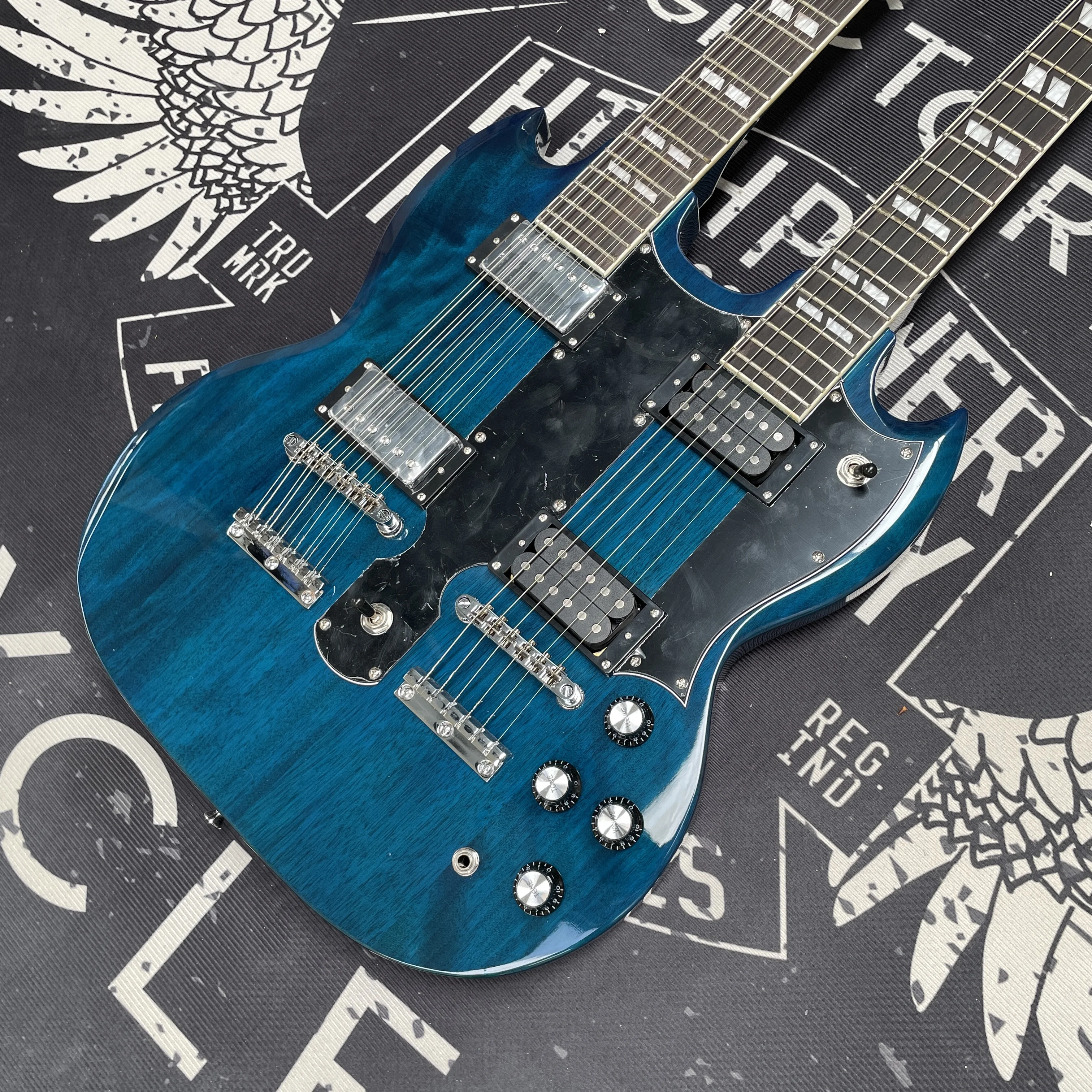 

Blue 12+6 Double-Neck Electric Guitar with Black Pickguard, Stage Performance One-Key Switch Guitars, Beginner to Advanced Guitarra