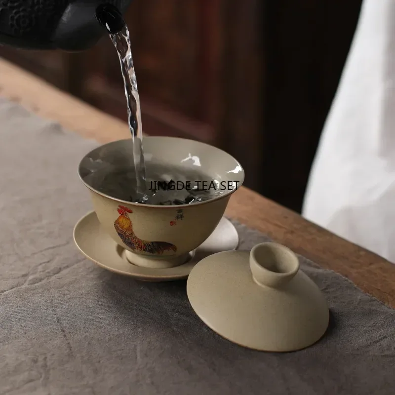 150ml traditional Chinese ceramic tea cup handmade tea bowl travel portable hand-painted rooster lid bowl