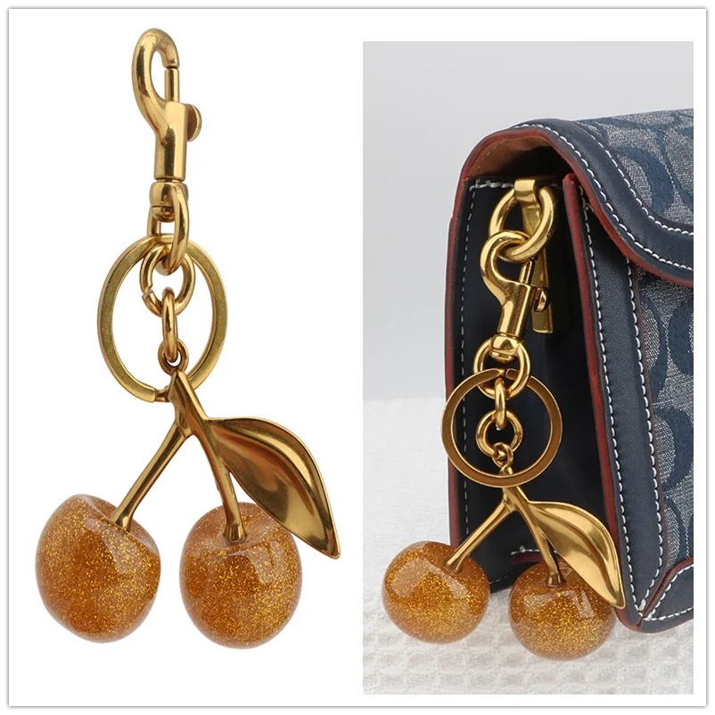 

Sparkling Gold Cherry Pendant For Handbag Shoulder Bag Decorative Bag Charm Women's Exquisite Keychain Attachment Part