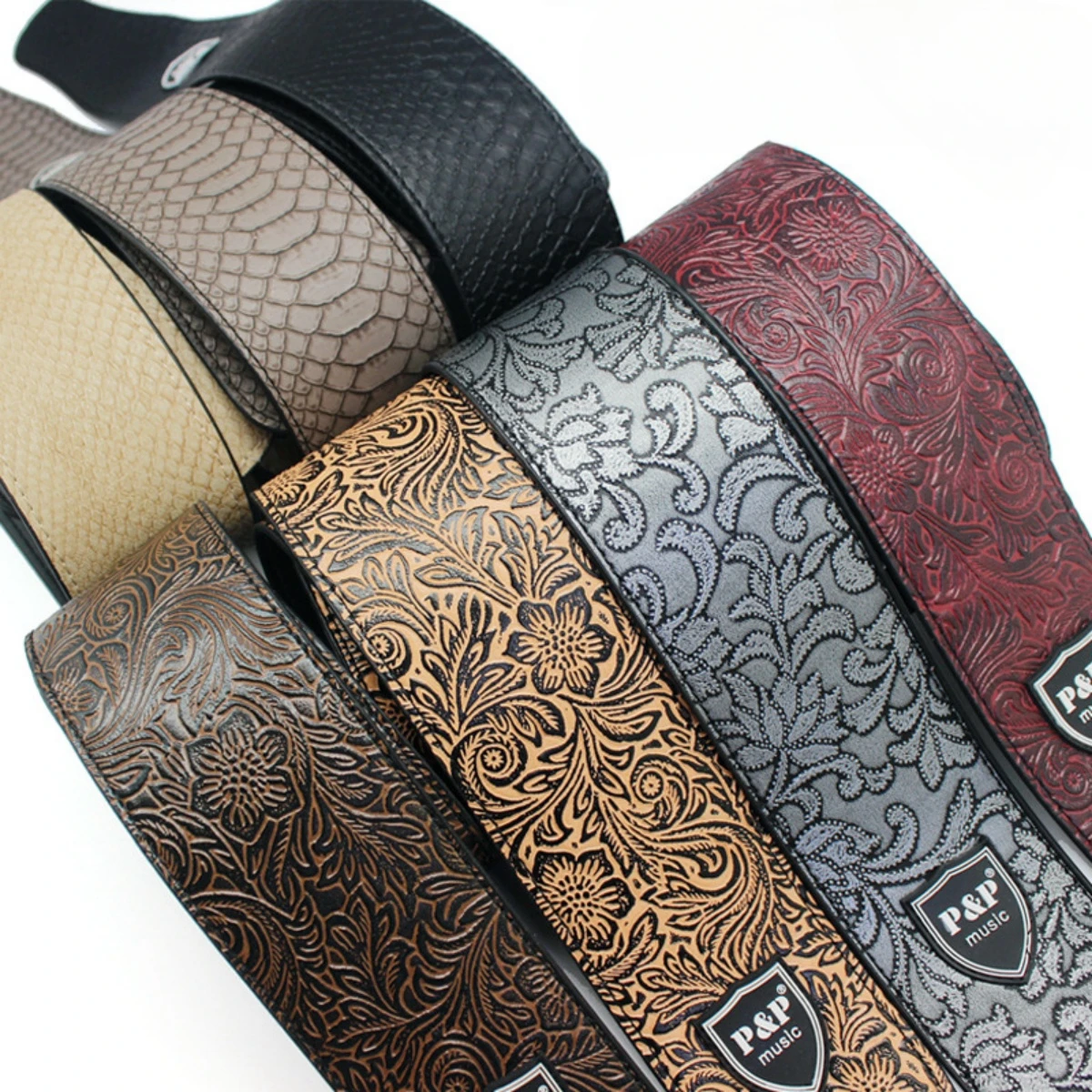 Guitar Strap P&P 2.5 Inch Adjustable Soft Embroidered and Serpentine Genuine Leather Strap for Electric Guitar Acoustic Bass