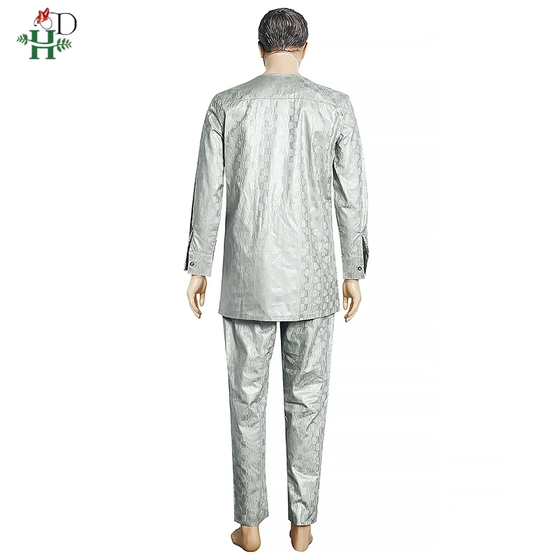 H&D African Clothes For Men Dashiki Top Pant 2 Pieces Outfit Set Riche Grey Embroidery Shirt Trouser Rich Bazin Original Muslim