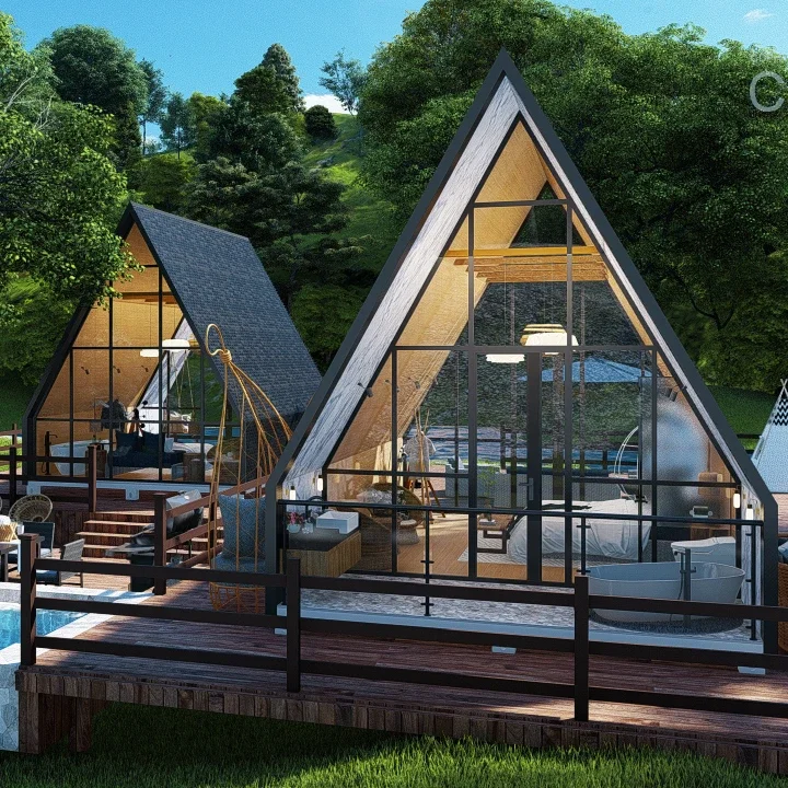 

Luxury Prefab Resort House Hotel Container 2 Bedroom Cabin Tiny Triangular Roof Homes with Bathroom and Kitchen