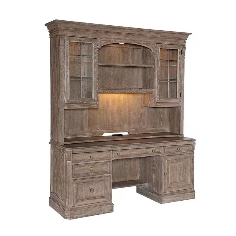 French country style American style weathered gray solid wood bookcase combination oak doorless open multi-layer shelf