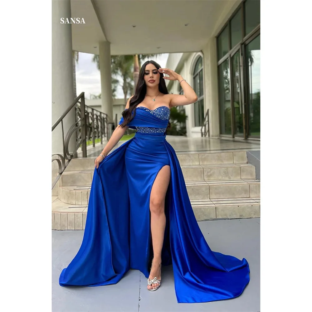 Sansa  Off the Shoulder Sleeveless Prom Dress Mermaid Detachable Train Evening Dress Blue Satin Train Formal Evening 2024