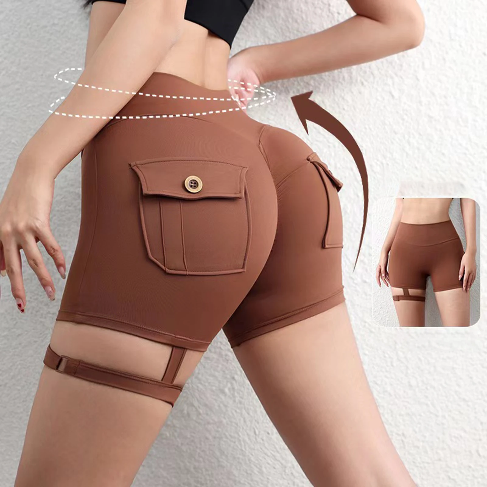 Women Butt Lifting Shorts High Waist Hip Lifting Stretchy with Adjustable Leg Ring Pockets Breathable Quick Dry for Sports Yoga