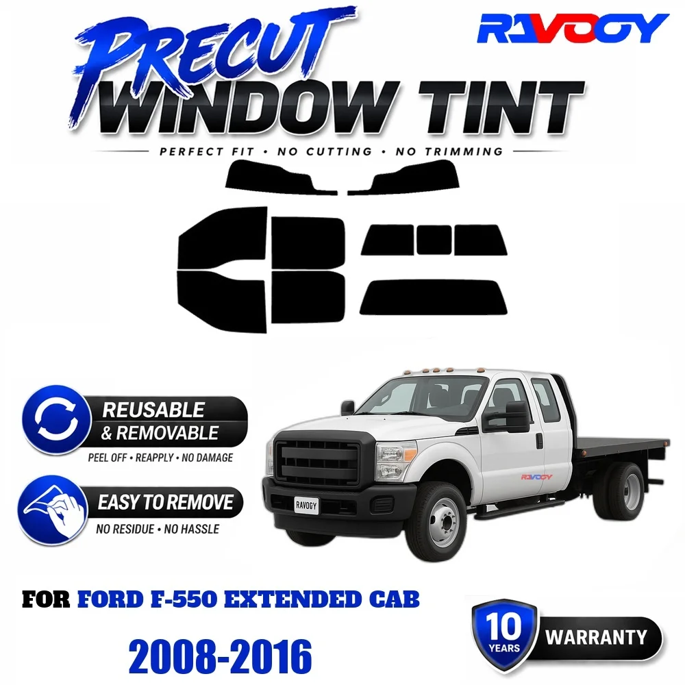 RAVOOY Precut Window Tint, Reusable Removable EPU Film, Custom Fit for Ford F-550 Extended Cab 2008-2016, UV Heat Protection