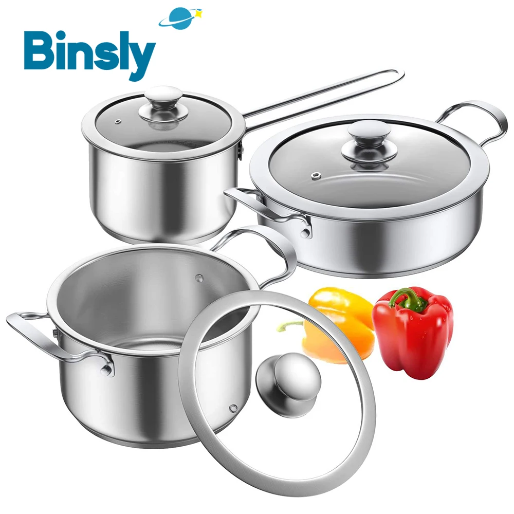 

6 Piece Stainless Steel Cookware Kitchen Soup Pots and Saute Pans Set Non-stick Casserole Set Cooking Pots with Glass Lid