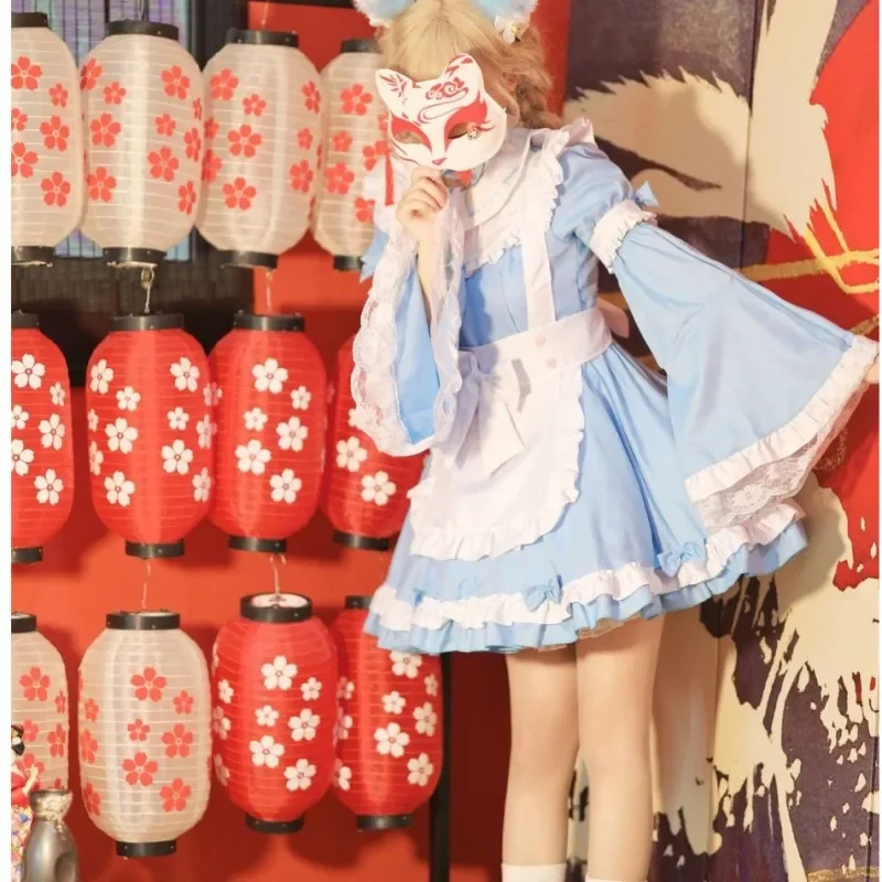 Disfraz de sirvienta Lolita azul para niñas y mujeres, delantal de Cosplay encantador, Mangas, atuendo japonés de animación, ropa de Vestido corto, 2024