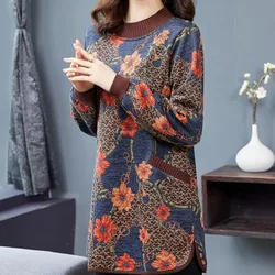 Autumn Winter Women's Fleece Pockets Printed Tops Elegant Vintage Long Sleeve Female Clothing Round Neck Pullovers Midi T-shirt