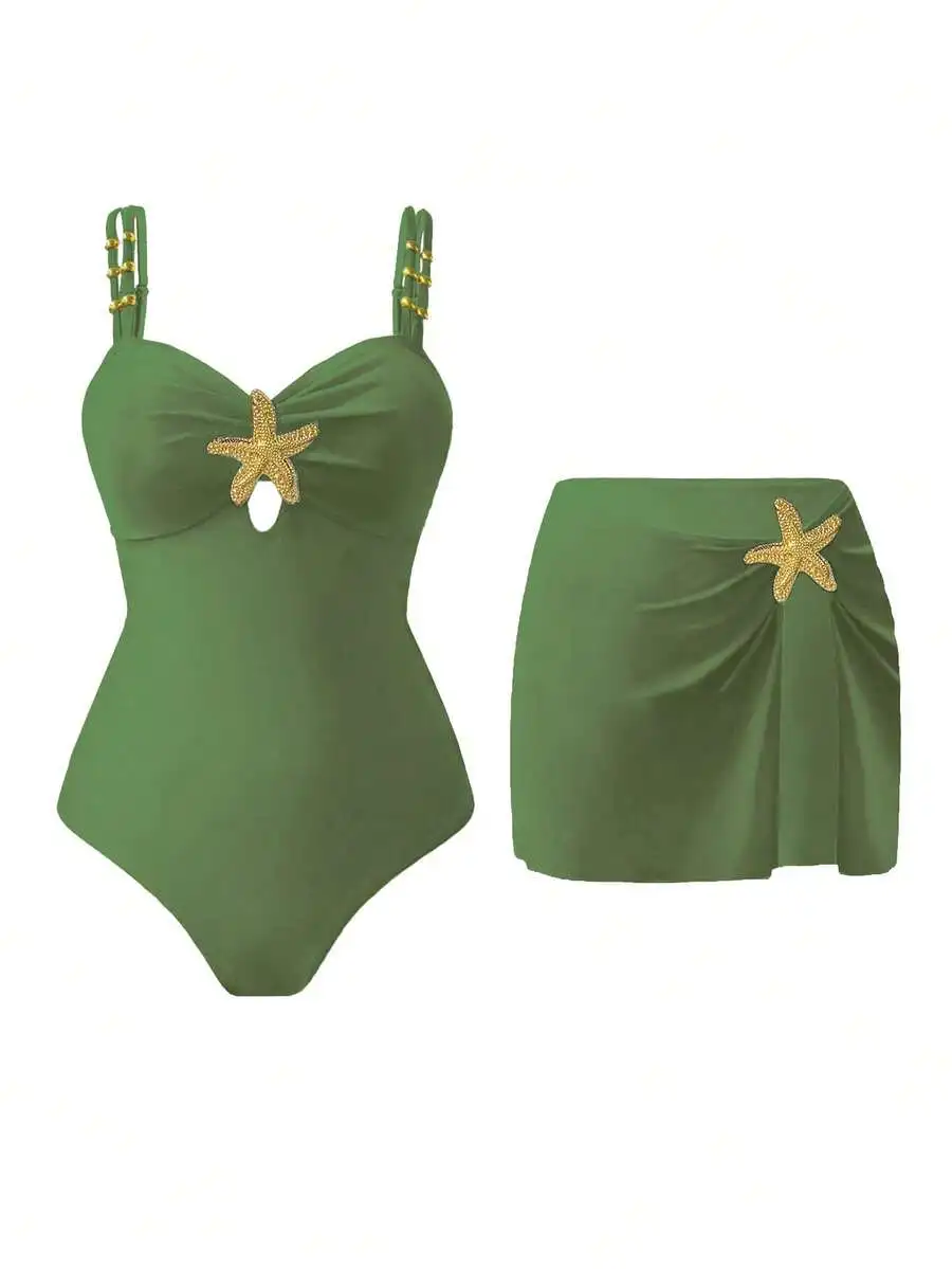 Traje de baño de una pieza con decoración de estrella de mar verde y falda para mujer