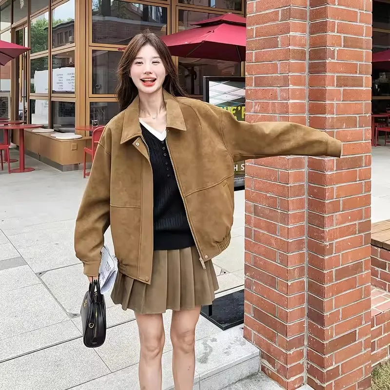 

Korean Women's Khaki Suede Bomber Coat 2025 Fashion Autumn Oversized Jacket Lapel Collar Casual Loose Coats