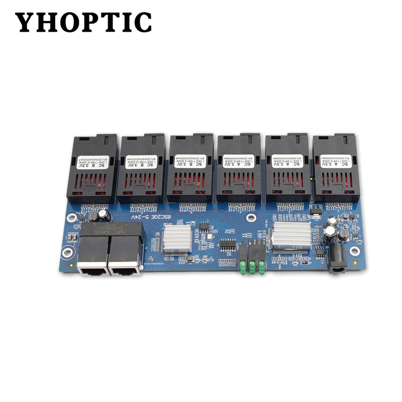 

100/1000Mbps PCBA Borad Fiber Optical Converter Switch 6 Fiber Port 2 RJ45 Port Fiber Transceiver Single Mode SC Simplex/Duplex