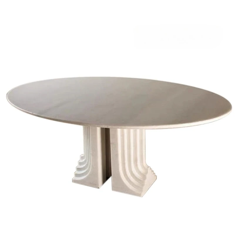 

Овальный обеденный стол из итальянского натурального мрамора. Дизайнерский ресторан. Модельная комната. Длинный стол из травертина. Вилла.