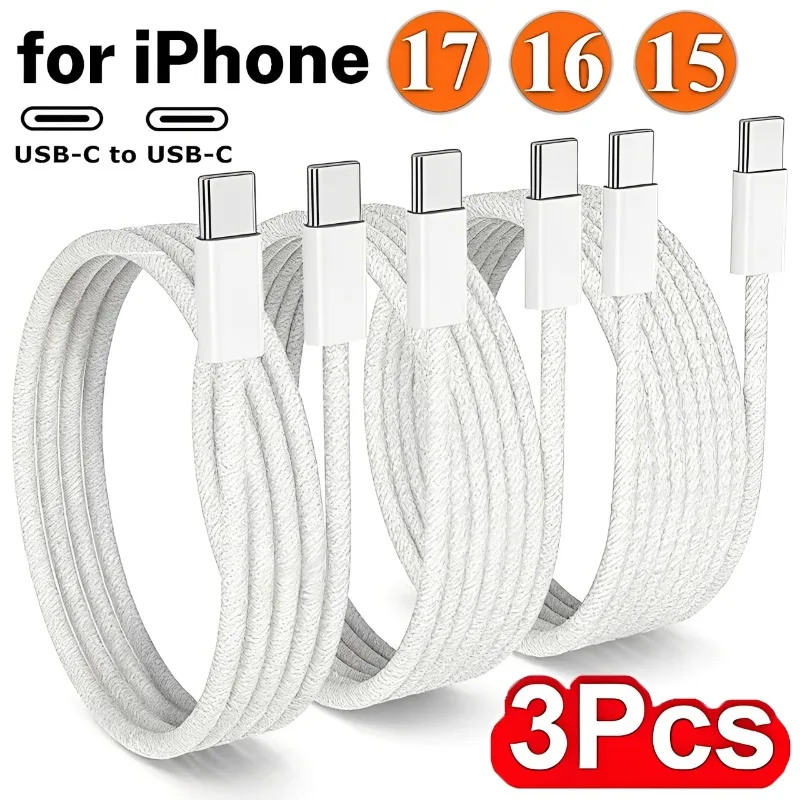 

Комплект из 3 кабелей USB-C - Type-C для Apple iPhone 17, 16, 15, быстрая зарядка PD 240 Вт для Huawei, Xiaomi, Samsung, плетеный кабель Type-C