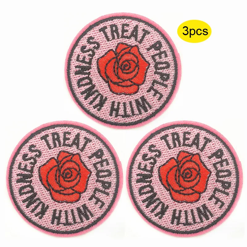 3 Pcs Treat People with Kindness Applique Patch Rose Embroidered Badge Iron on/Sew on DIY Clothing Accessories for Clothes Hats