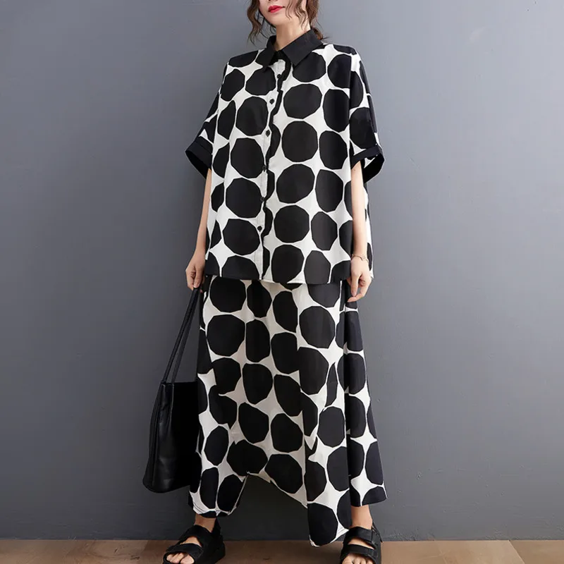 #2701 Summer Polka Dot Blouse And Wide Leg Pants Women Bat Sleeve Thin Korean Style Loose Two Piece Outfits Female Streetwear