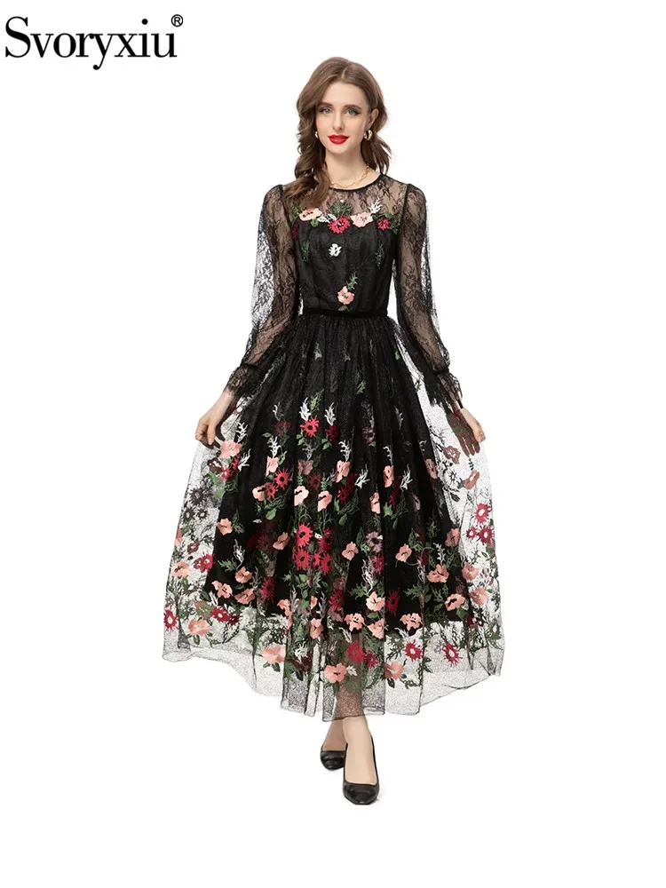 

Svoryxiu Fashion Runway Autumn Vintage Elegant Long Dress Women's O-Neck Net Yarn Flower Embroidery Beading Long Sleeve Dress