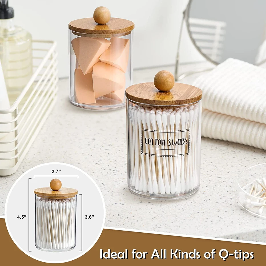 Bathroom Acrylic Storage Box Jar Makeup Organizer Cotton Round Pad Holder Cotton Swab Box Qtip Holder Dispenser with Bamboo Lid