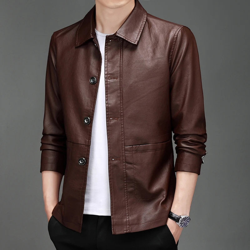 Autumn New Leather Suit Jacket Men Business Slim Fit PU Work Coat Man Korean Streetwear PU Leather Blazer Jackets Male Outerwear