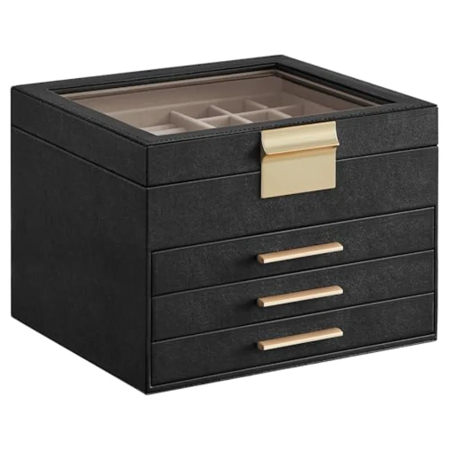 

Jewelry Box Organizer with Glass Lid 4-Layer Jewelry Storage with 3 Drawers Modern Style 8 x 9.1 x 6.5 Inches Graphite Black an