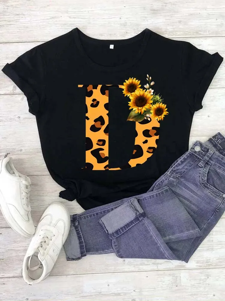 Maycaur Custom Name Letter Combination Women T Shirt Fashion Sunflower Leopard Print Font A B C D E F G Short Sleeve Tshirt Top