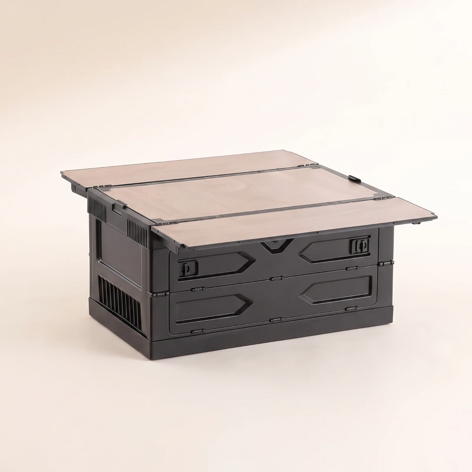 Camping Box with Wood Lid Portable Foldable Storage Box Collapsible Organizer Space-Saving for Campers, Car Trunk, Picnic