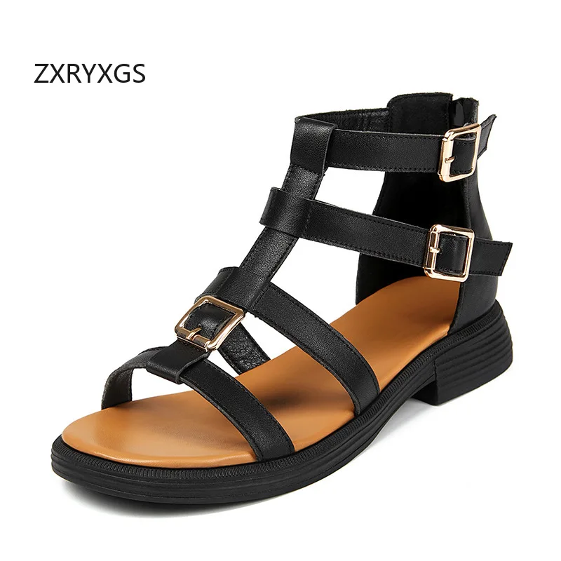 

ZXRYXGS Туфли премиум-класса из воловьей кожи с открытым носком Римские сандалии 2025 Большой размер с пряжкой Высокие крутые ботинки Тканые сандалии из натуральной кожи на плоской подошве