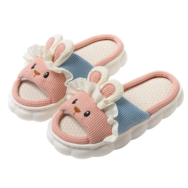 Sandal kelinci lucu untuk wanita, sandal jepit kartun musim gugur, sepatu rumah Linen katun, sandal selop kasual empat musim