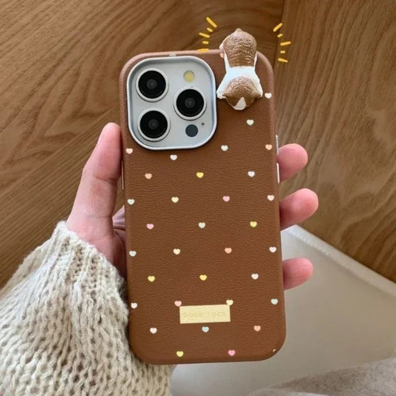 Cartoon Love Heart DIY 3D Doll Case Compatible for IPhone 13 14 16 12 11 15 Pro Max XR X 16 15 Plus XS Max Leather Texture Case