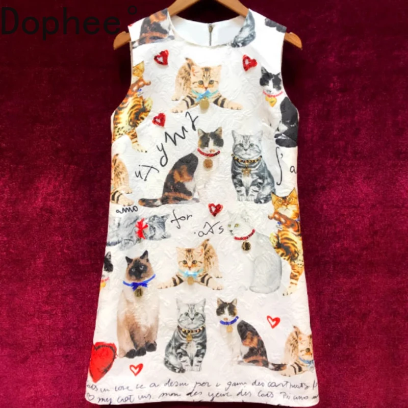 

Элегантное жаккардовое платье с милым котом, новинка 2023 года, весна-лето, платье трапециевидной формы с короткими рукавами и бисером, роскошное мини-формальное платье