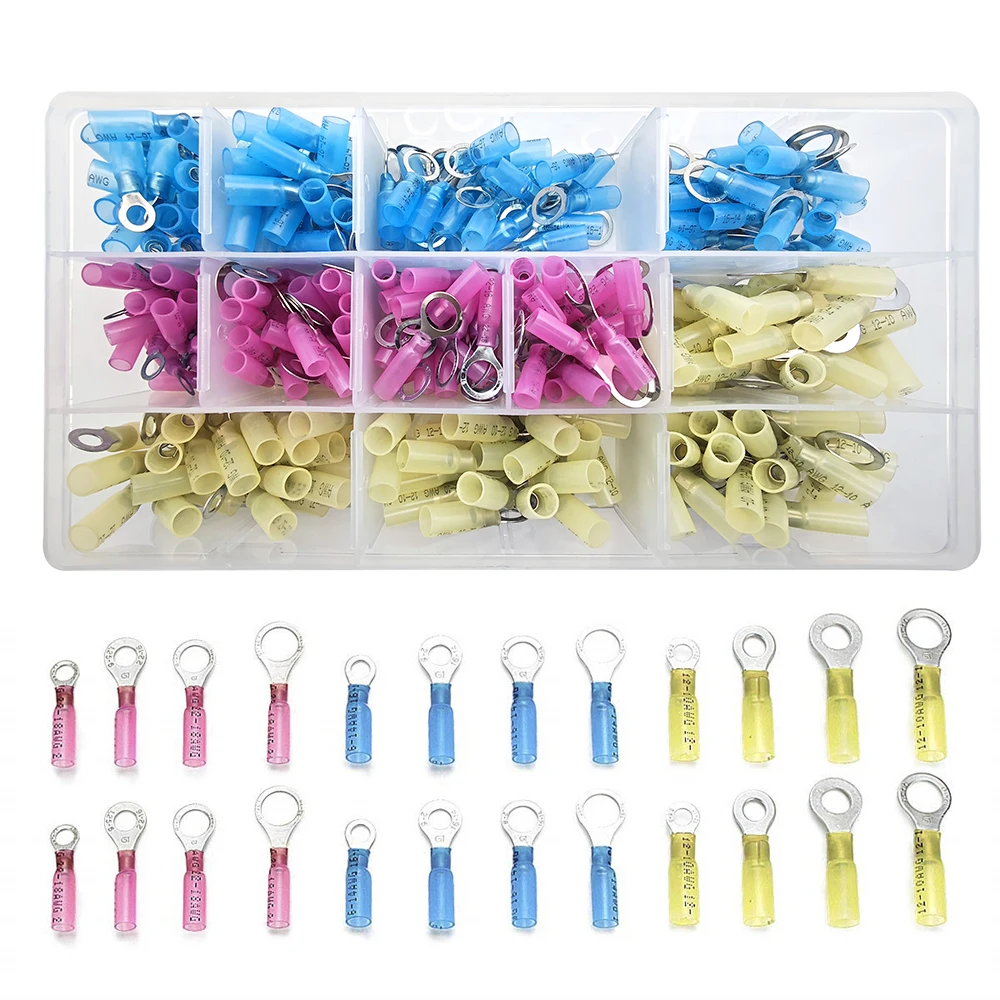 

Соединители термоусадочных проводов 300, водонепроницаемые кольцевые клеммы 22-10AWG, подходят для автомобилей # 10 шпилек 1/4 "5/16" 3/8"